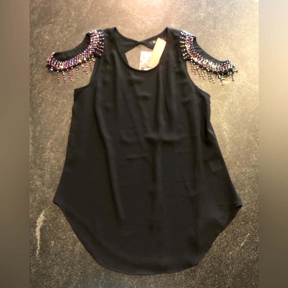 Black cold shoulder rhinestone tank